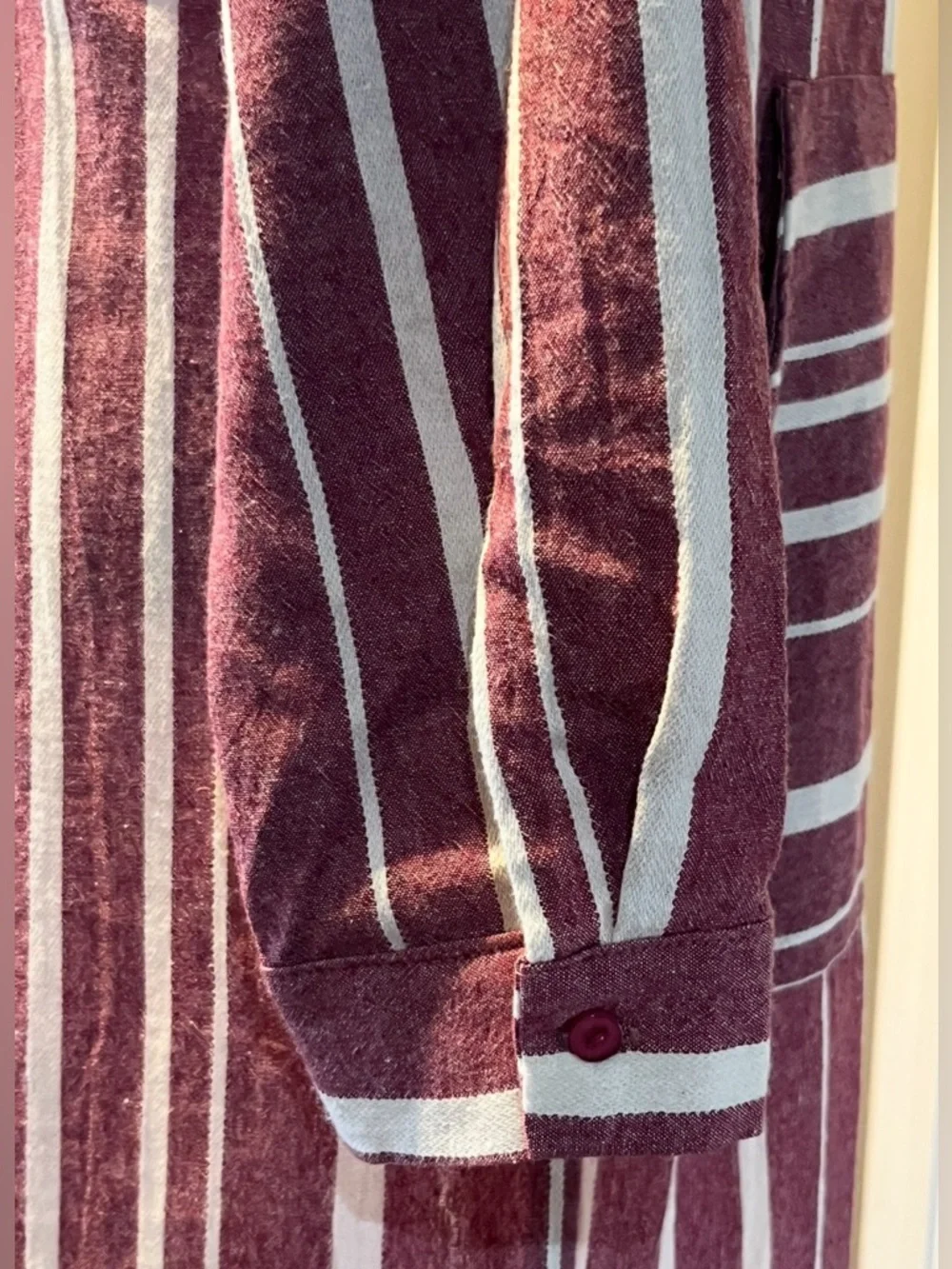 NWT entro Burgundy and Cream Stripe Maxi Capri Dress Roll Sleeves 100% Cotton S - Picture 5 of 15